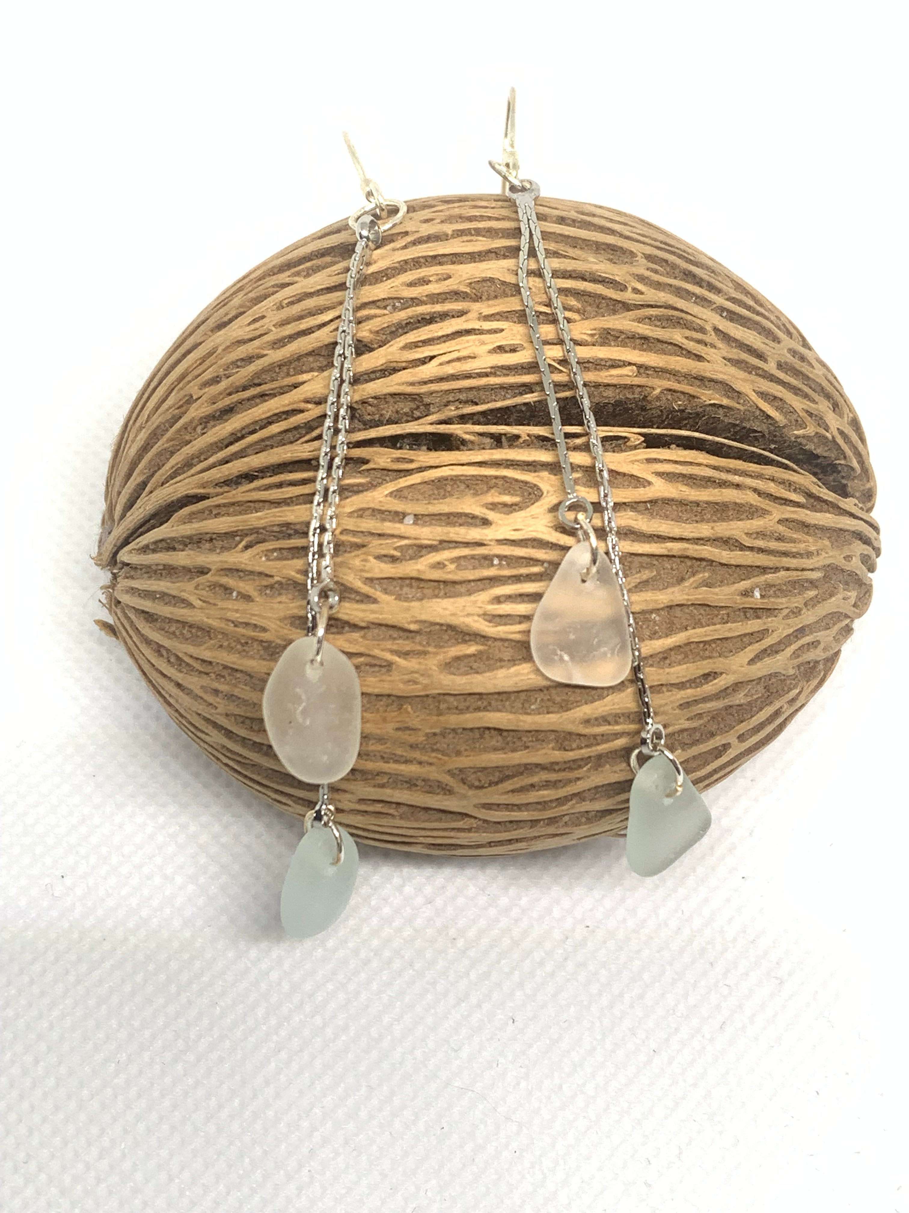 Sea glass drop earrings with 2 glass beads