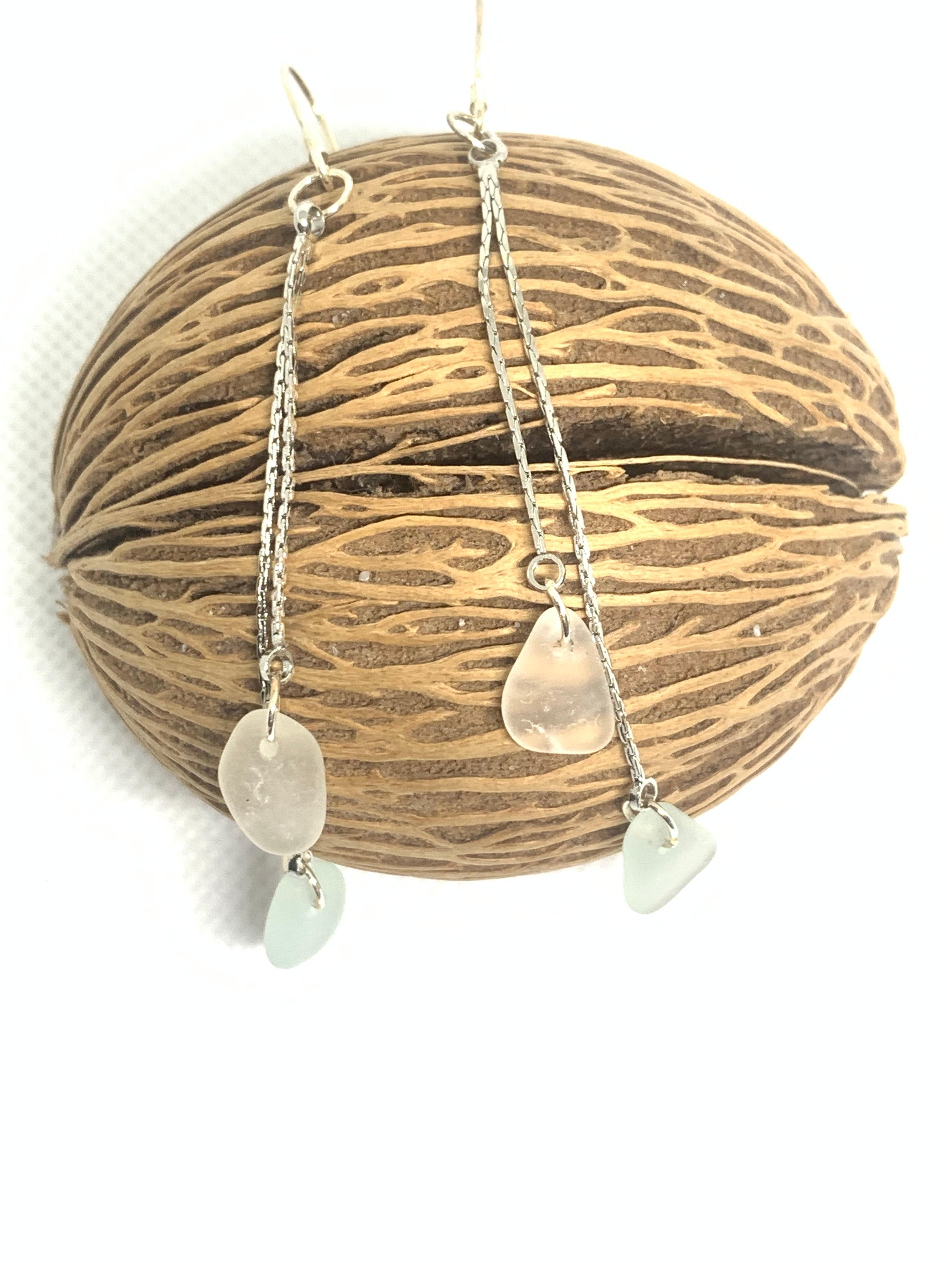 Sea glass drop earrings with 2 glass beads