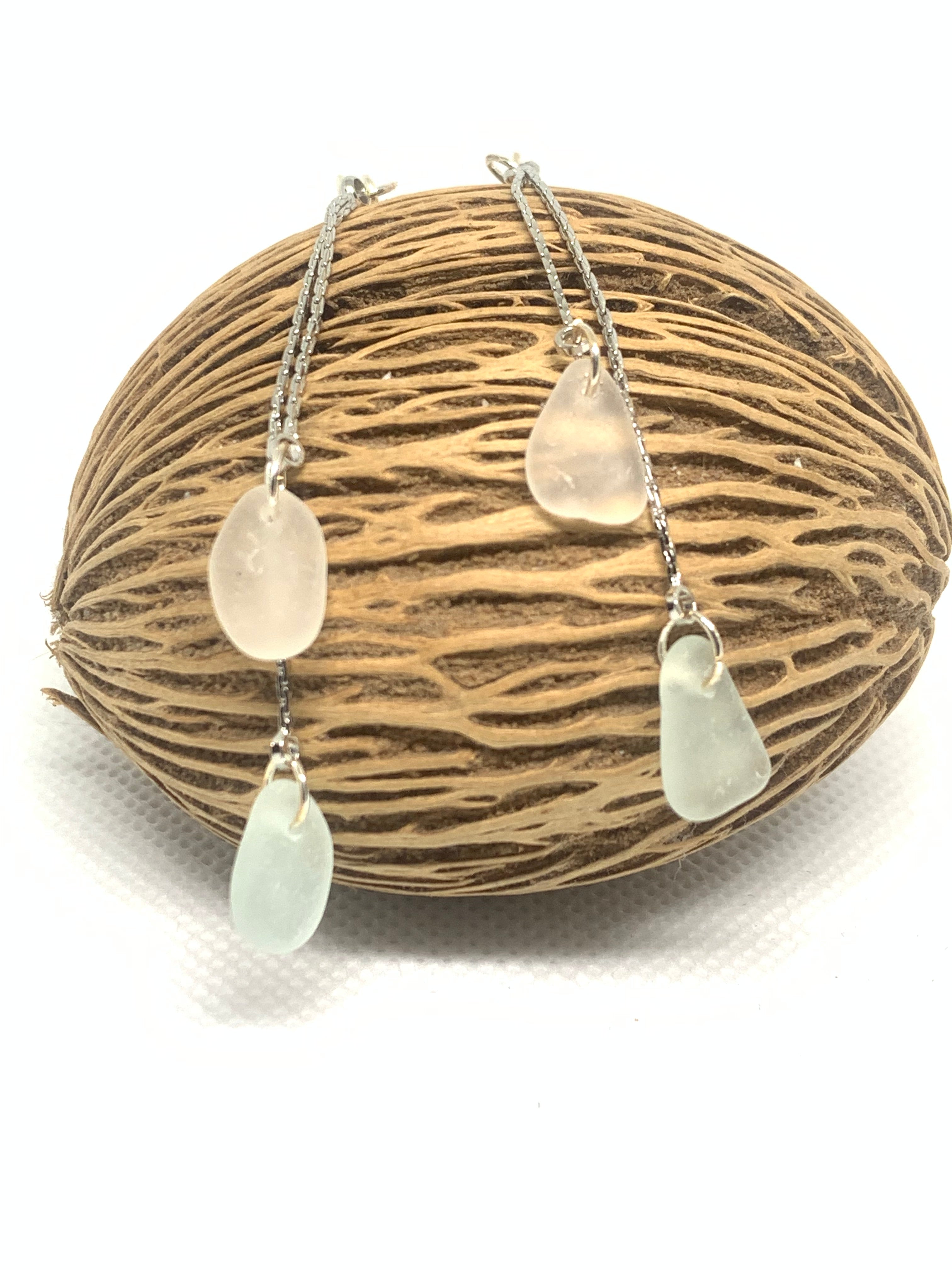 Sea glass drop earrings with 2 glass beads