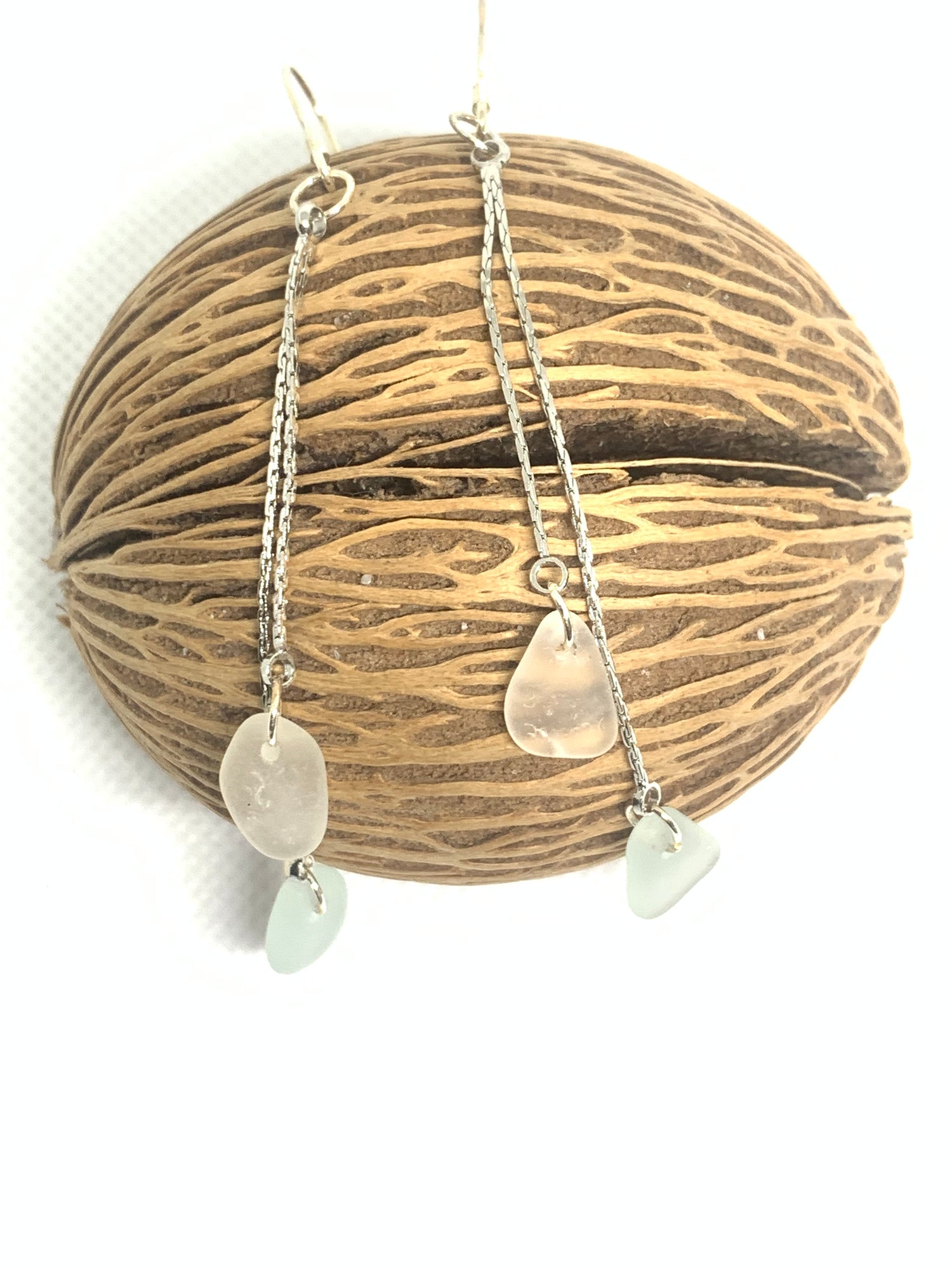 Sea glass drop earrings with 2 glass beads