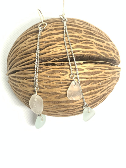 Sea glass drop earrings with 2 glass beads