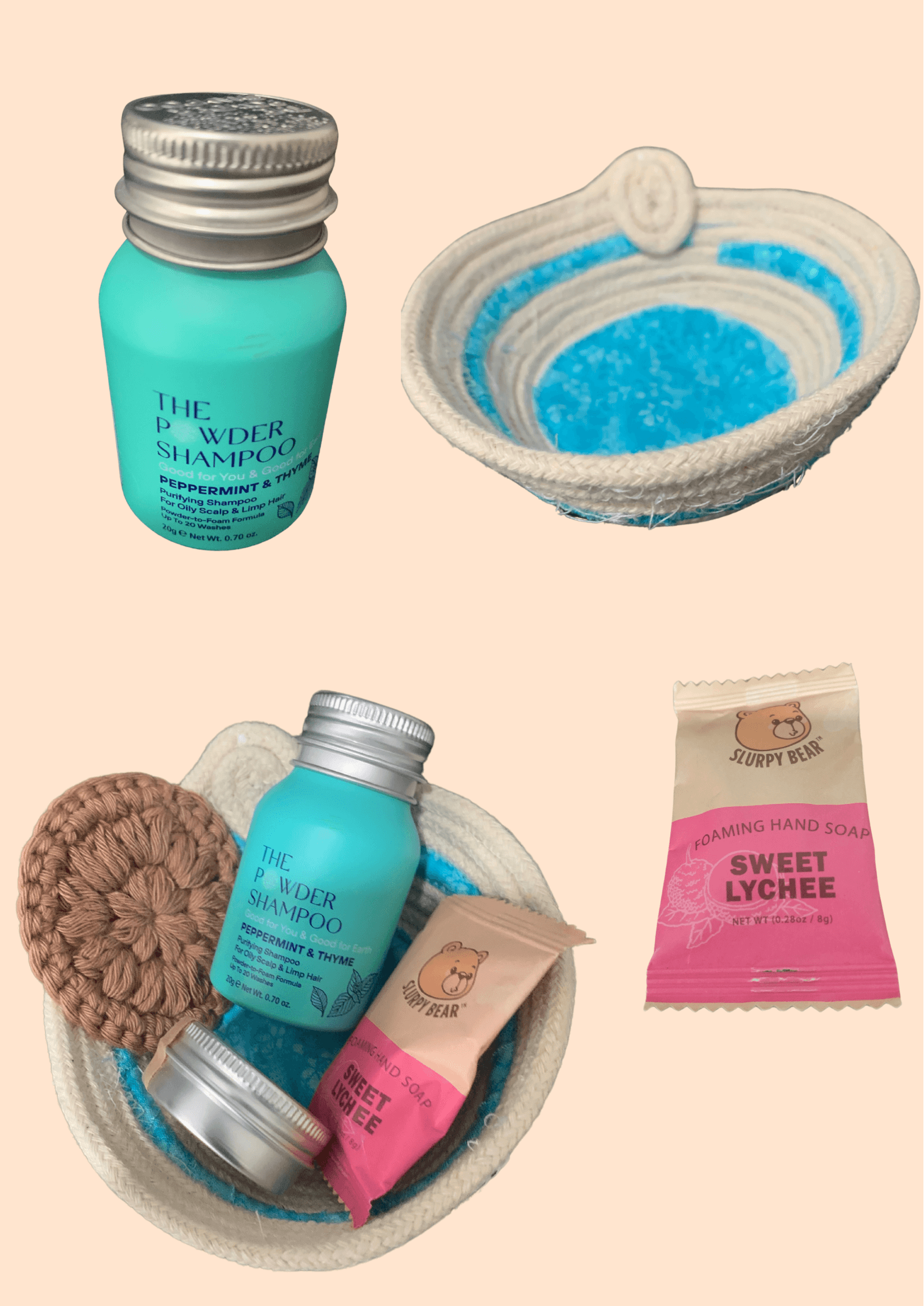 basket, organic cotton, shampoo, soap, reusable cotton rounds, gift basket, hand made, slurpy bear, the powder shampoo, 