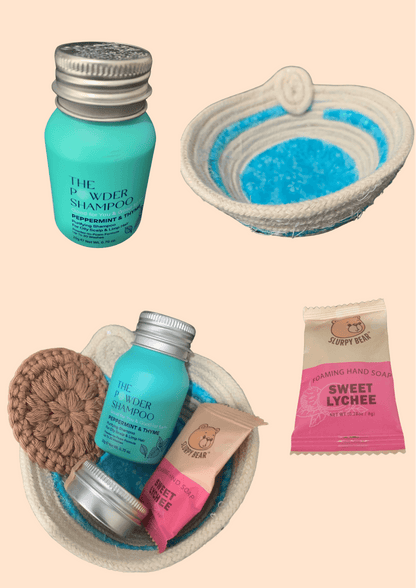 basket, organic cotton, shampoo, soap, reusable cotton rounds, gift basket, hand made, slurpy bear, the powder shampoo, 