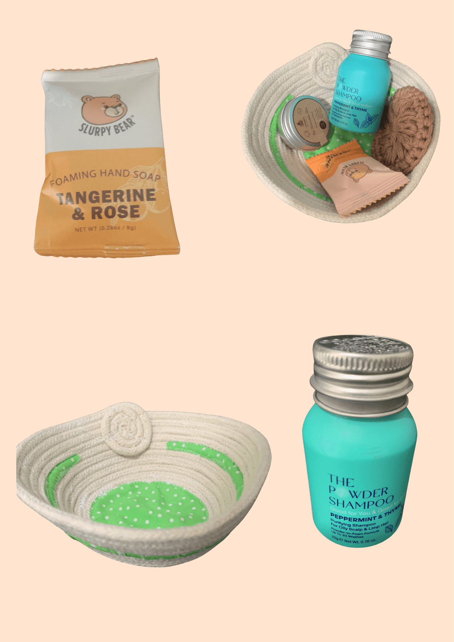 basket, organic cotton, shampoo, soap, reusable cotton rounds, gift basket, hand made, slurpy bear, the powder shampoo, 