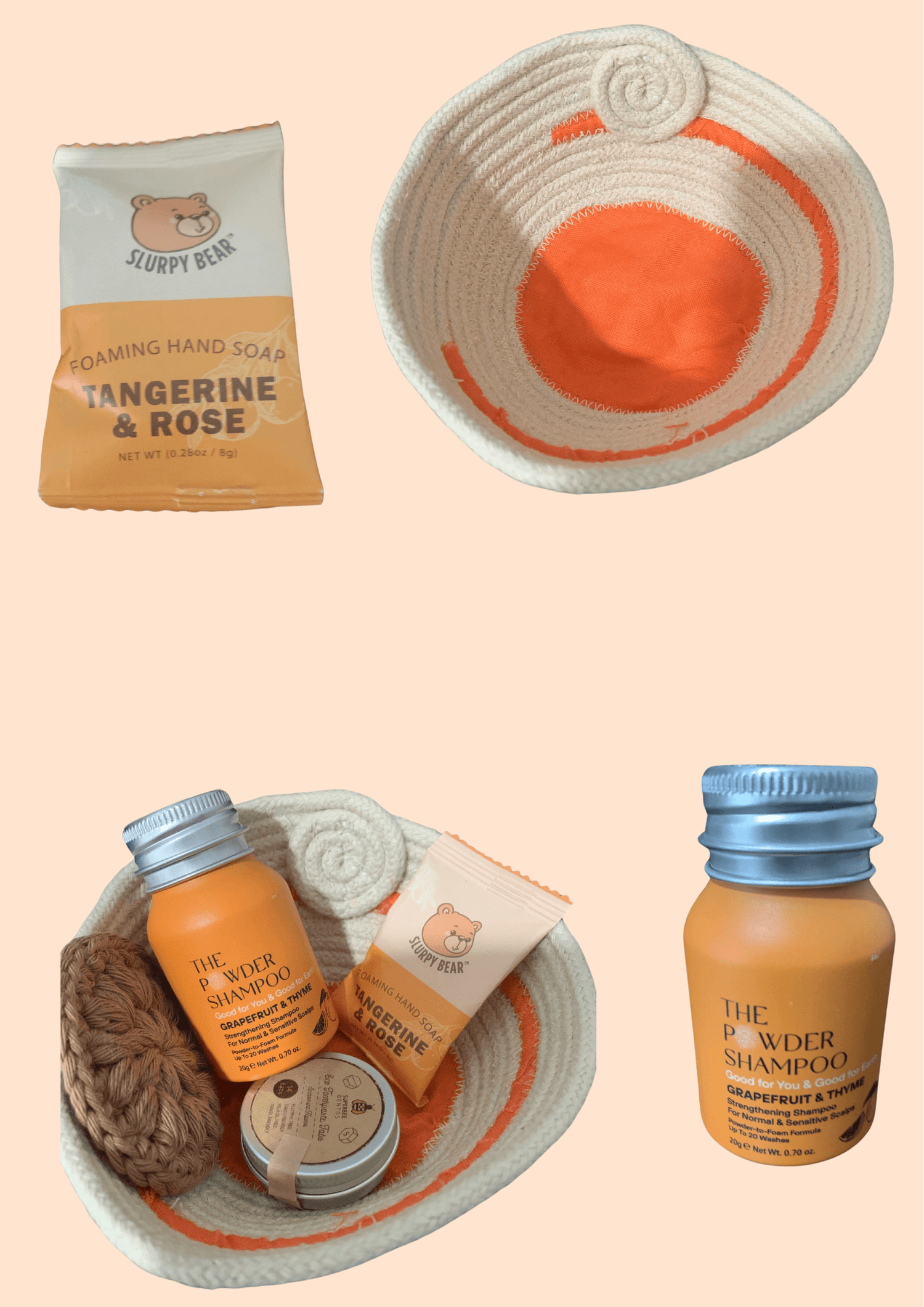 basket, organic cotton, shampoo, soap, reusable cotton rounds, gift basket, hand made, slurpy bear, the powder shampoo, 