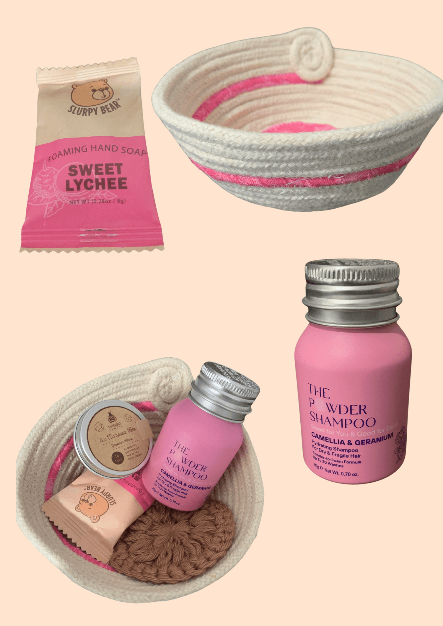 basket, organic cotton, shampoo, soap, reusable cotton rounds, gift basket, hand made, slurpy bear, the powder shampoo, 