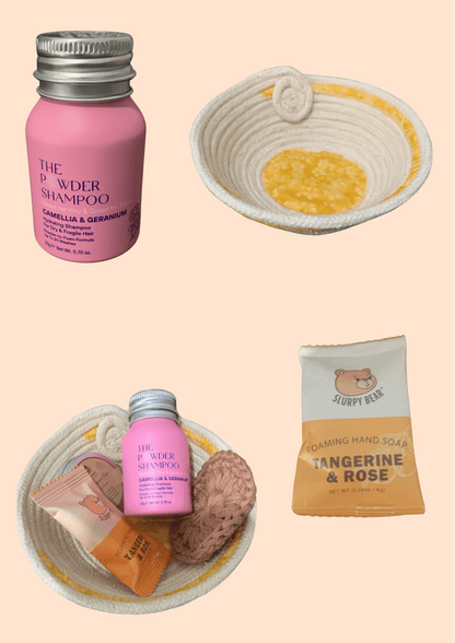 basket, organic cotton, shampoo, soap, reusable cotton rounds, gift basket, hand made, slurpy bear, the powder shampoo, 
